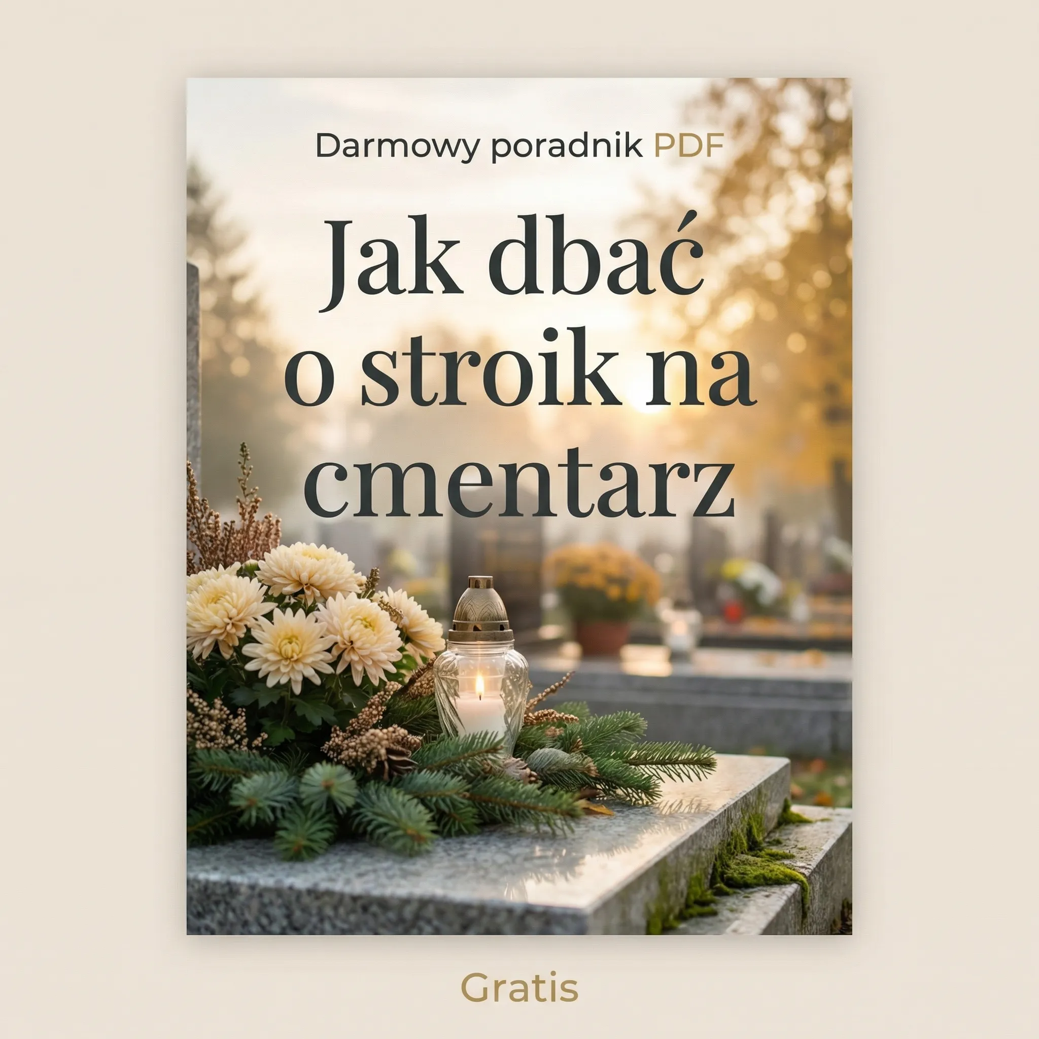 Okładka bonusowego poradnika PDF o pielęgnacji stroików na cmentarz