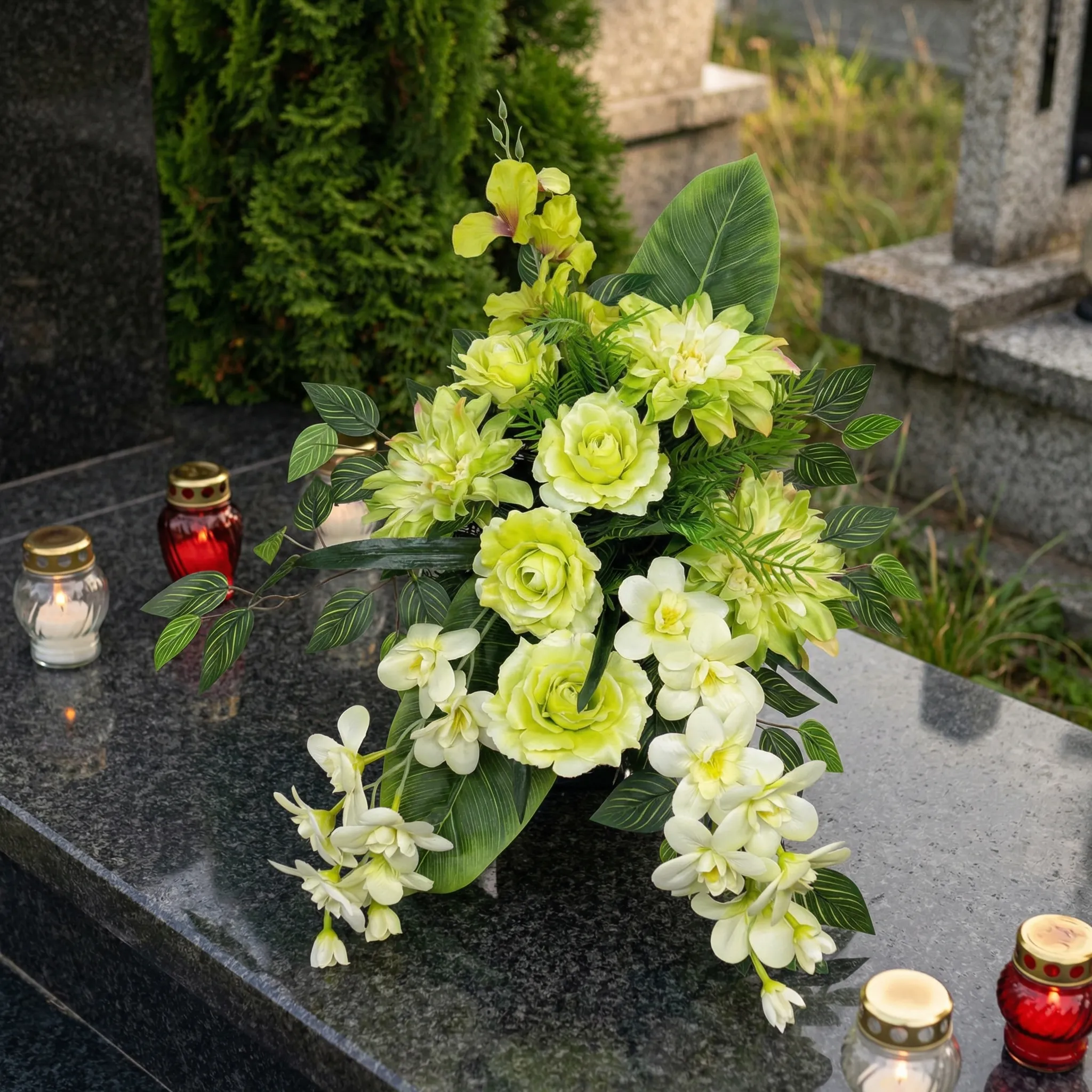 Stroik na cmentarz kwiaty sztuczne grob kompozycja kwiatowa P8 doniczka